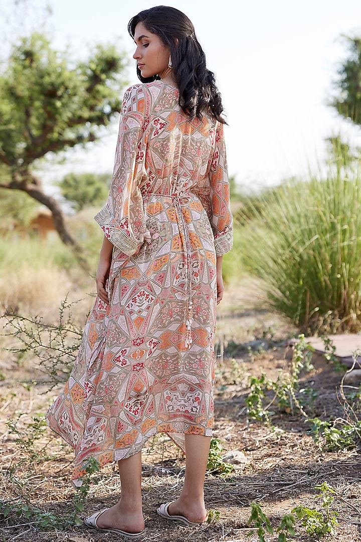 Beige Chinon Chiffon Abstract Printed Kaftan Summer Dress by HARSHA KHATRY at Pernia's Pop Up Shop