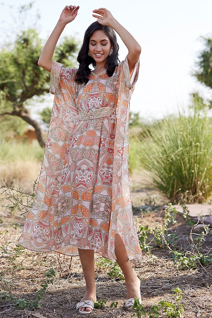 Beige Chinon Chiffon Abstract Printed Kaftan Summer Dress by HARSHA KHATRY at Pernia's Pop Up Shop