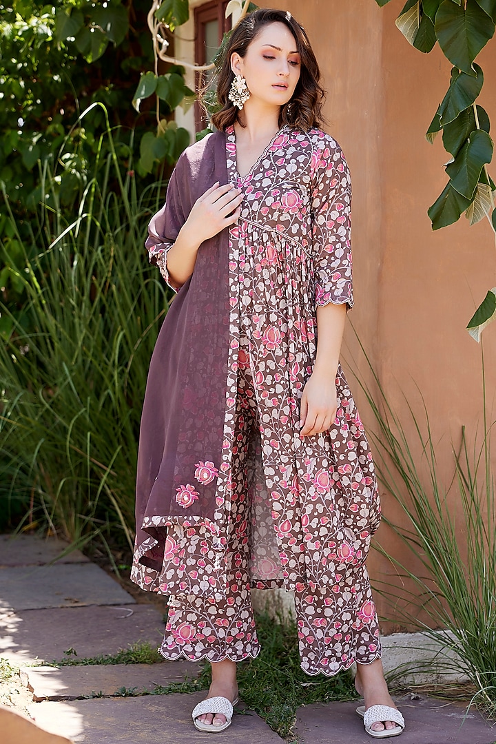 Brown Mul Mul Printed & Embroidered A-Line Kurta Set  by HARSHA KHATRY