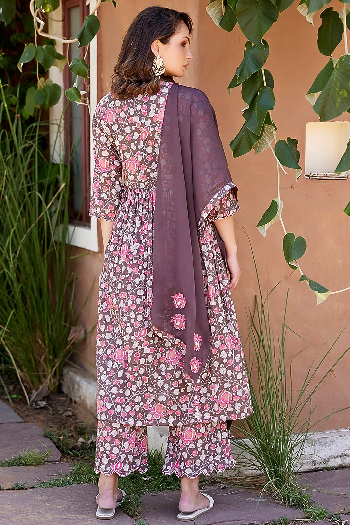 Brown Mul Mul Printed & Embroidered A-Line Kurta Set  by HARSHA KHATRY at Pernia's Pop Up Shop