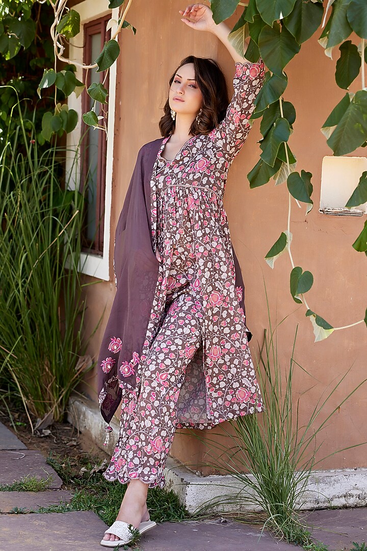 Brown Mul Mul Printed & Embroidered A-Line Kurta Set  by HARSHA KHATRY at Pernia's Pop Up Shop