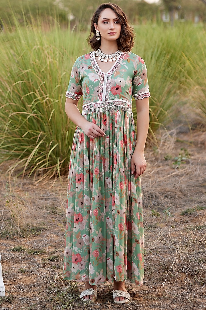 Sage Green Chinon Chiffon Floral Printed & Embellished Gown by HARSHA KHATRY