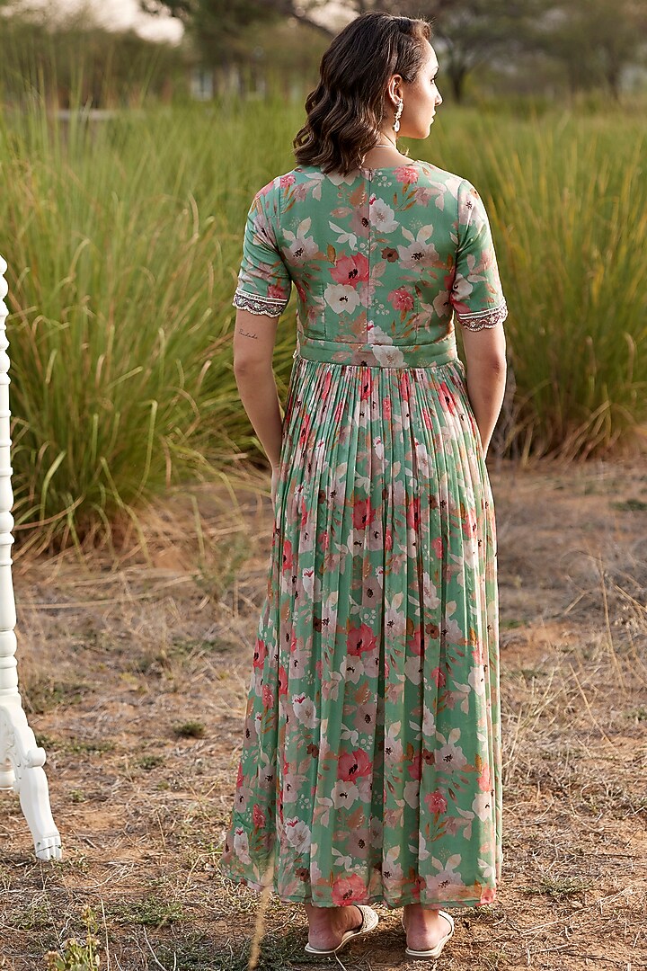 Sage Green Chinon Chiffon Floral Printed & Embellished Party Wear Gown by HARSHA KHATRY at Pernia's Pop Up Shop
