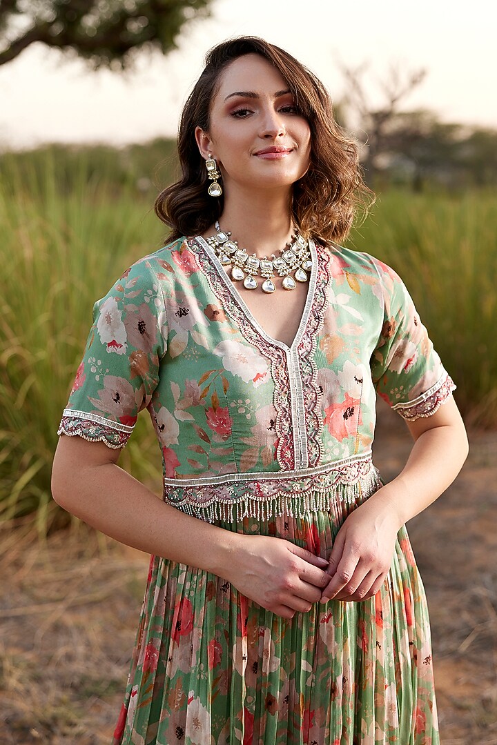 Sage Green Chinon Chiffon Floral Printed & Embellished Party Wear Gown by HARSHA KHATRY at Pernia's Pop Up Shop
