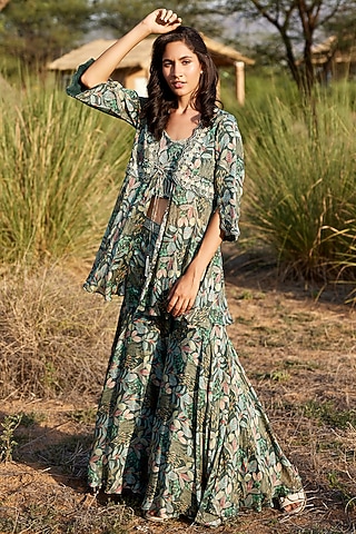 Green Chinon Chiffon Printed Gharara Set by HARSHA KHATRY