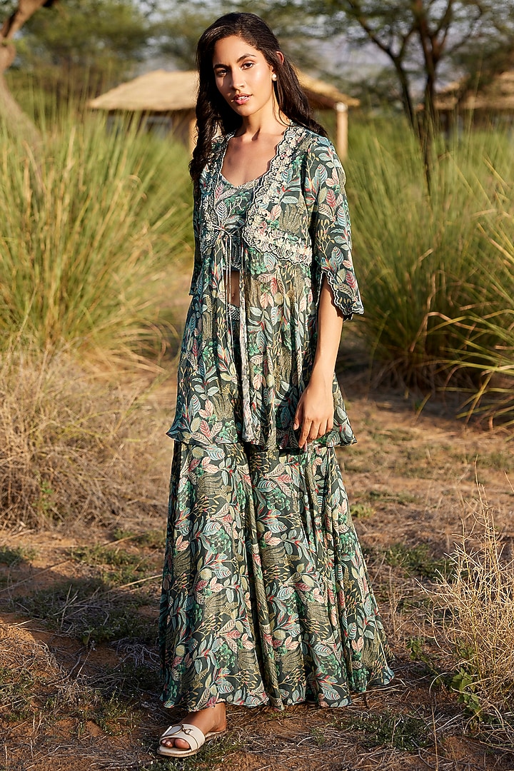 Green Chinon Chiffon Printed Gharara Set by HARSHA KHATRY at Pernia's Pop Up Shop