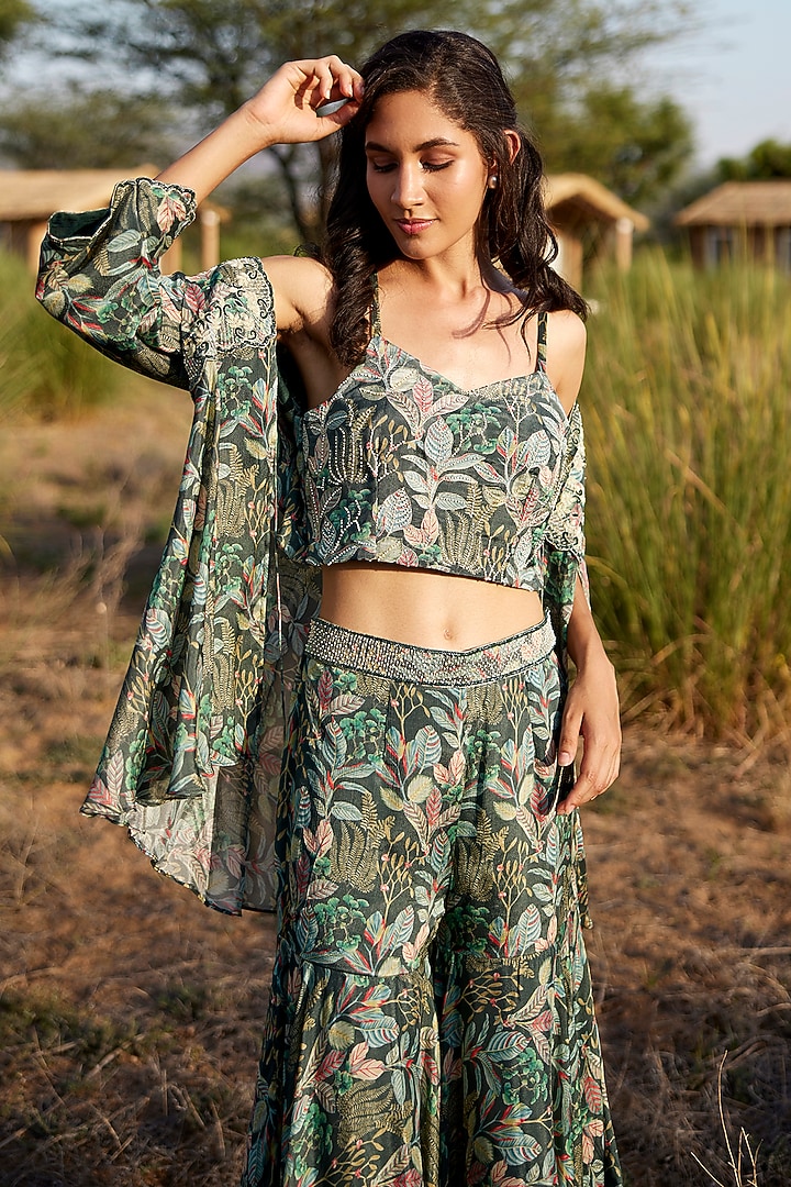 Green Chinon Chiffon Printed Gharara Set by HARSHA KHATRY at Pernia's Pop Up Shop