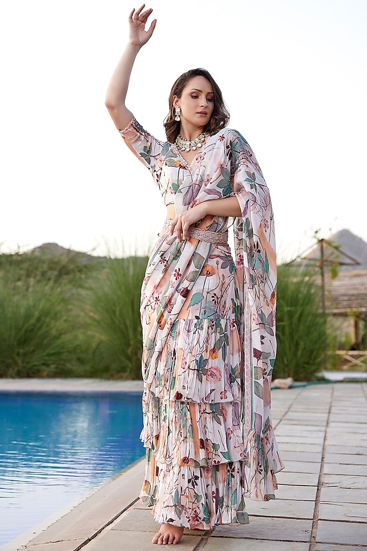 White Chinon Chiffon Floral Printed Draped Saree Set by HARSHA KHATRY at Pernia's Pop Up Shop