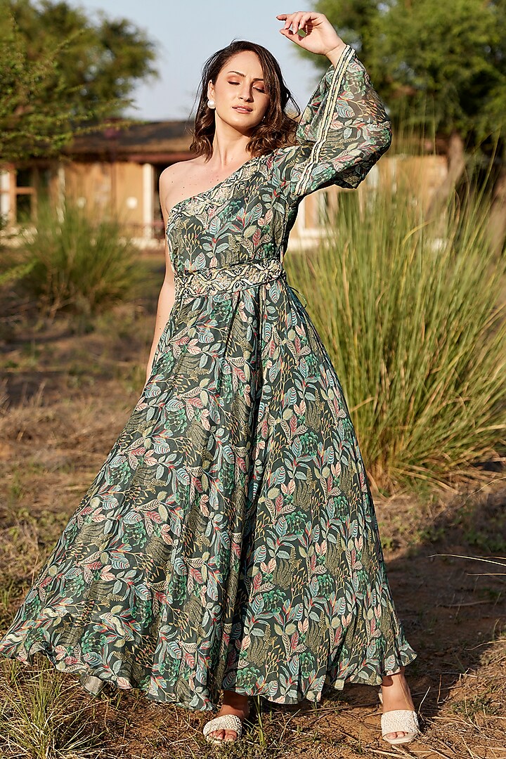 Green Chinon Chiffon Printed & Embroidered Gown by HARSHA KHATRY