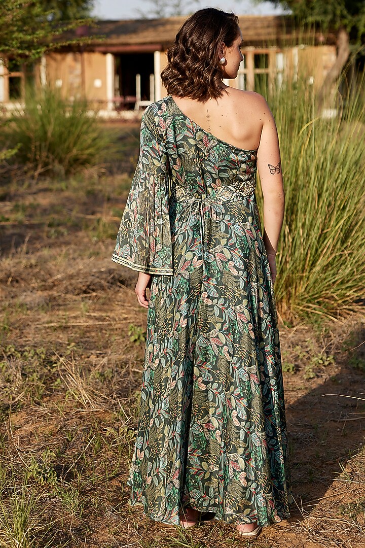 Green Chinon Chiffon Printed & Embroidered Party Wear Gown by HARSHA KHATRY at Pernia's Pop Up Shop