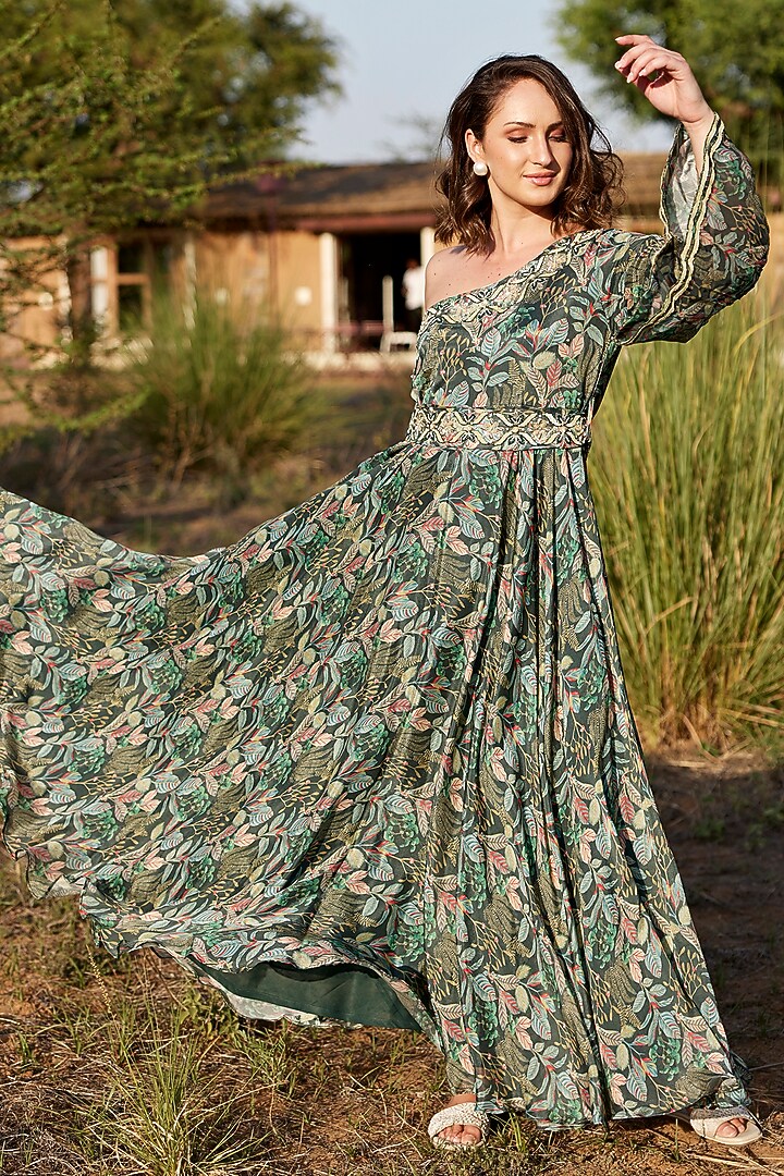 Green Chinon Chiffon Printed & Embroidered Party Wear Gown by HARSHA KHATRY at Pernia's Pop Up Shop