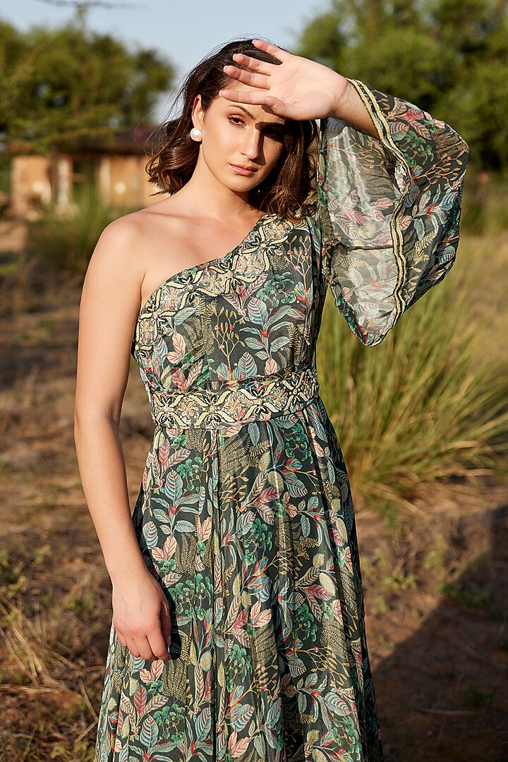 Green Chinon Chiffon Printed & Embroidered Party Wear Gown by HARSHA KHATRY at Pernia's Pop Up Shop