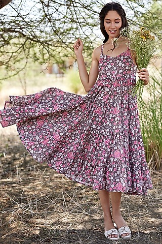 Brown Mul Mul Floral Printed Tiered Dress by HARSHA KHATRY