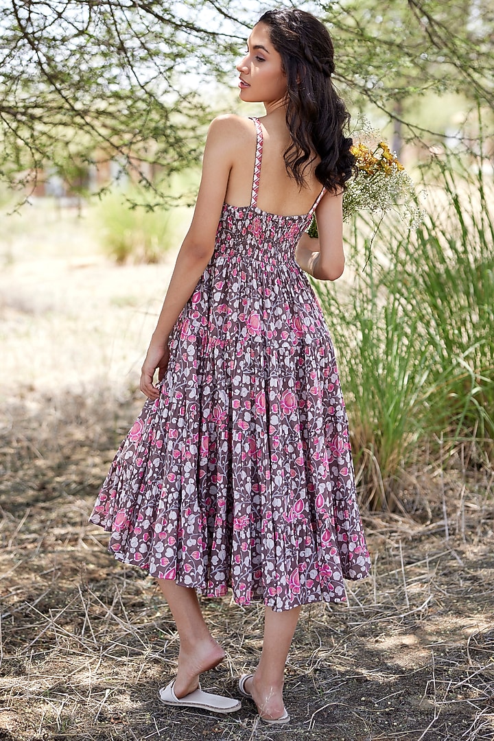 Brown Mul Mul Floral Printed Tiered Summer Dress by HARSHA KHATRY at Pernia's Pop Up Shop