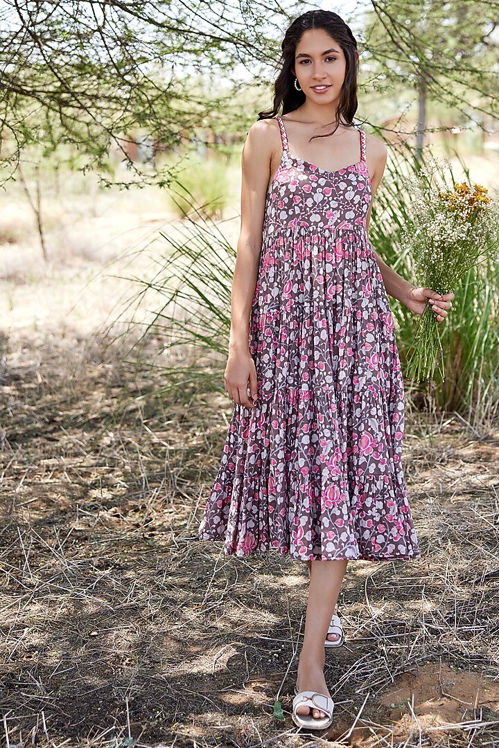 Brown Mul Mul Floral Printed Tiered Summer Dress by HARSHA KHATRY at Pernia's Pop Up Shop