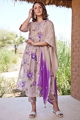 Lilac Chanderi Silk Hand Embroidered Kurta Set by HARSHA KHATRY