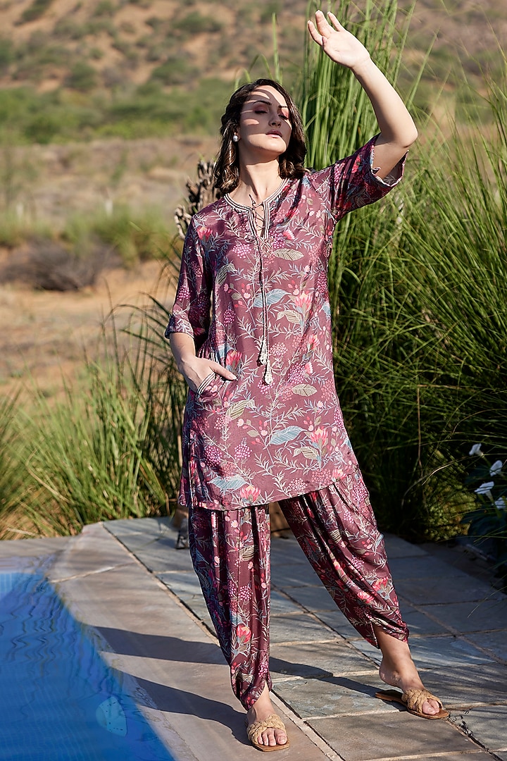 Wine Muslin Silk Embroidered & Printed Co-Ord Set by HARSHA KHATRY at Pernia's Pop Up Shop