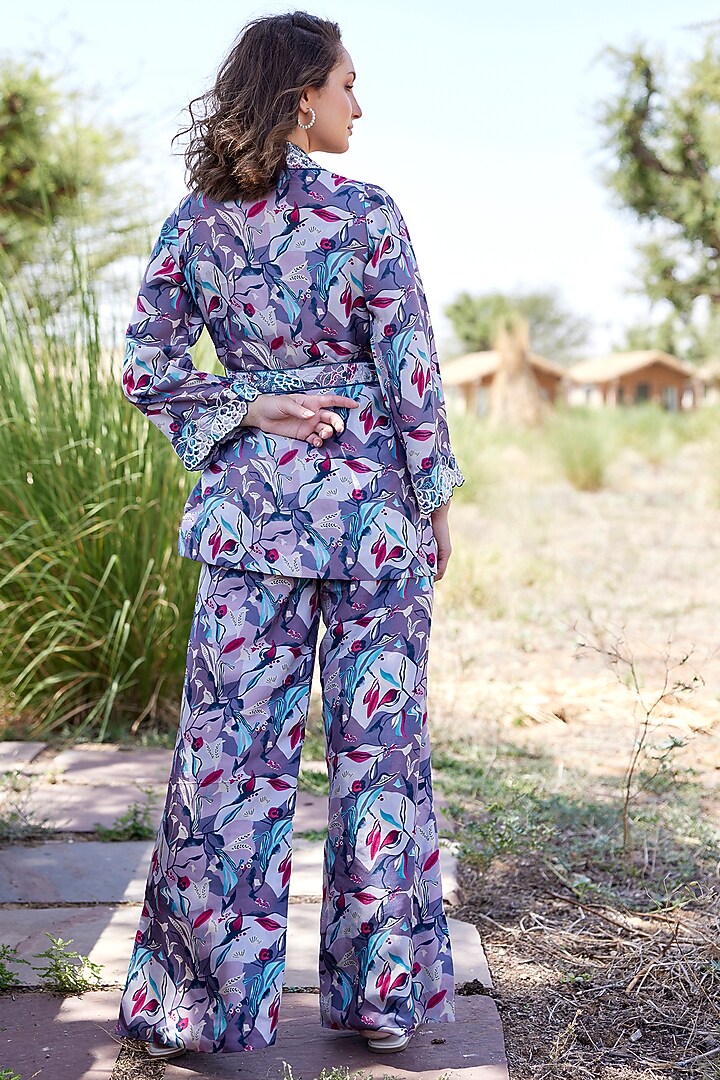 Light Violet Tussar Silk Embellished & Printed Blazer Set by HARSHA KHATRY at Pernia's Pop Up Shop