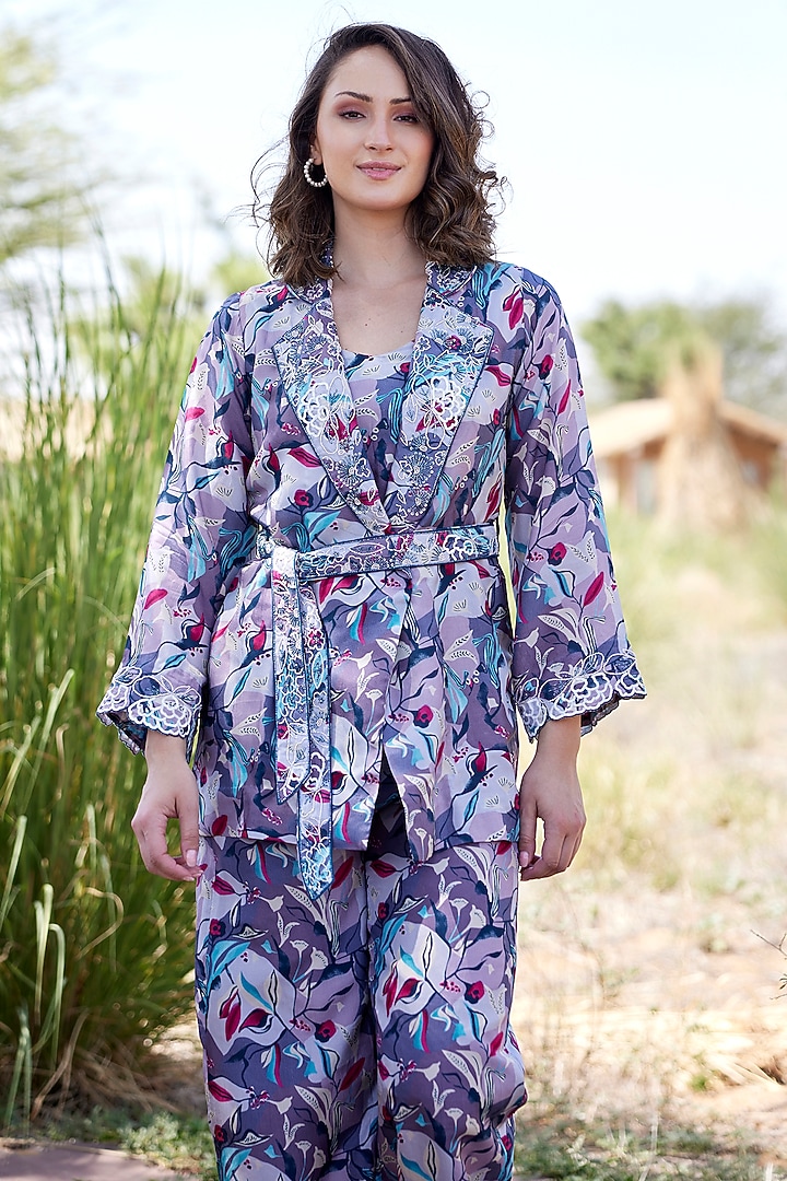 Light Violet Tussar Silk Embellished & Printed Blazer Set by HARSHA KHATRY at Pernia's Pop Up Shop