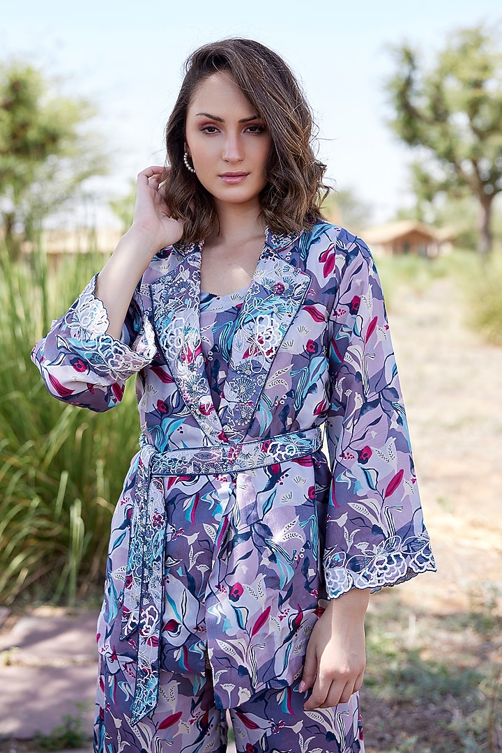 Light Violet Tussar Silk Embellished & Printed Blazer Set by HARSHA KHATRY at Pernia's Pop Up Shop