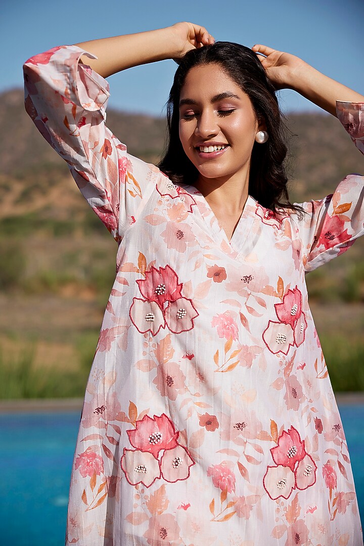 Ivory Chanderi Silk Embellished & Printed Co-Ord Set by HARSHA KHATRY at Pernia's Pop Up Shop