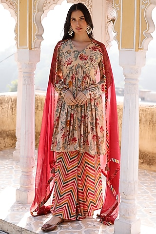 Cherry Red Cotton Silk Floral Printed Kurta Set by HARSHA KHATRY