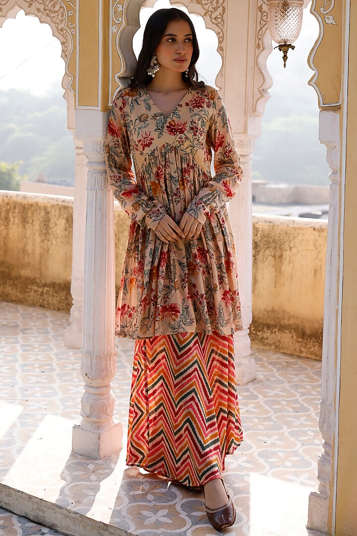 Cherry Red Cotton Silk Floral Printed Kurta Set by HARSHA KHATRY at Pernia's Pop Up Shop