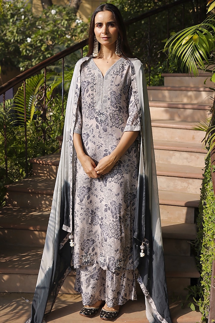 Grey Fine Tussar Silk Floral Printed & Hand Embellished Kurta Set by HARSHA KHATRY at Pernia's Pop Up Shop