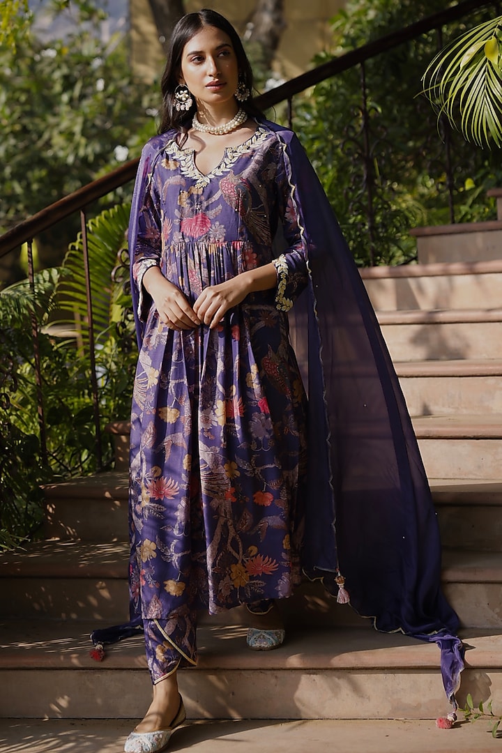 Purple Fine Tussar Silk Printed & Embellished Kurta Set by HARSHA KHATRY at Pernia's Pop Up Shop