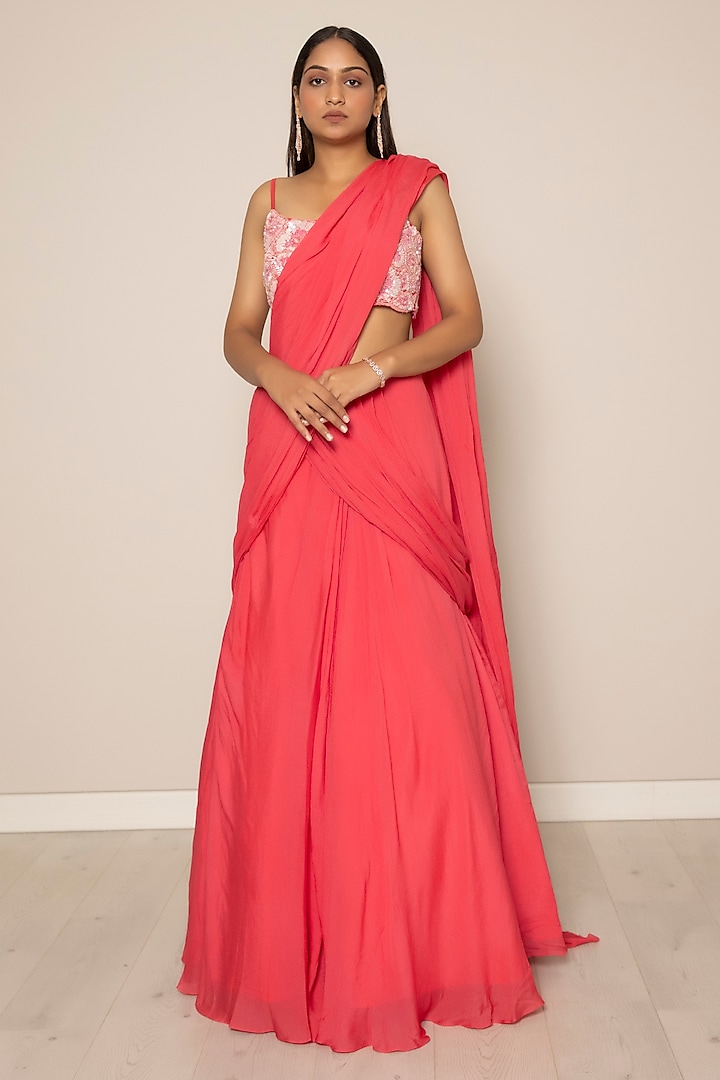 Cerise Pink Chiffon Draped Lehenga Saree Set by Harshita Jain at Pernia's Pop Up Shop