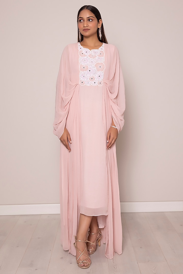 Powder Pink Georgette Hand Embroidered Asymmetrical Dress by Harshita Jain at Pernia's Pop Up Shop