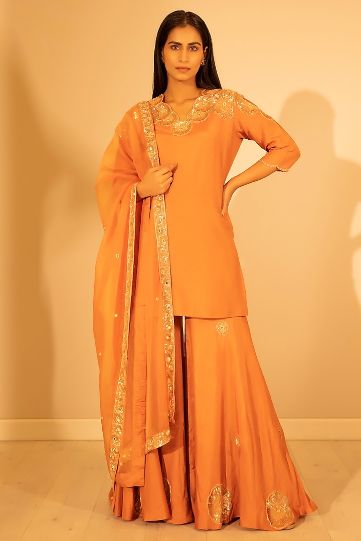 Rust Orange Silk Sequins Hand Embroidered Wedding Sharara Set by Harshita Jain at Pernia's Pop Up Shop