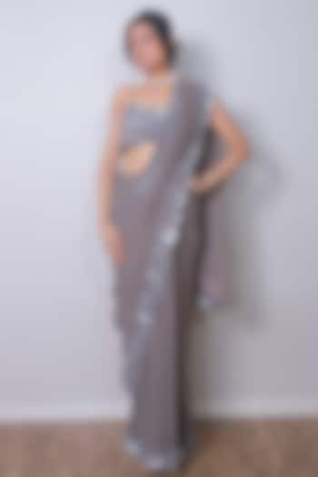 Mink Grey Pure Georgette Sequins Hand Embroidered Saree Set by Harshita Jain at Pernia's Pop Up Shop