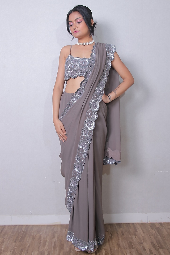 Mink Grey Pure Georgette Sequins Hand Embroidered Saree Set by Harshita Jain at Pernia's Pop Up Shop