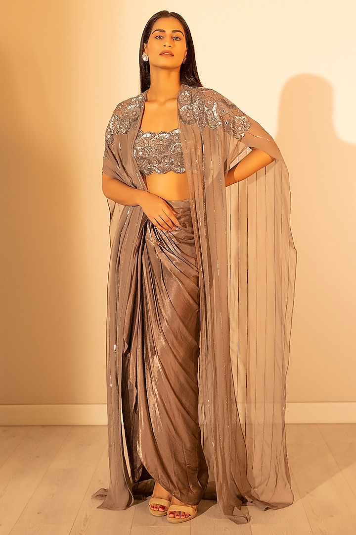 Mink Grey Georgette Sequins Hand Embroidered Cape Set by Harshita Jain at Pernia's Pop Up Shop