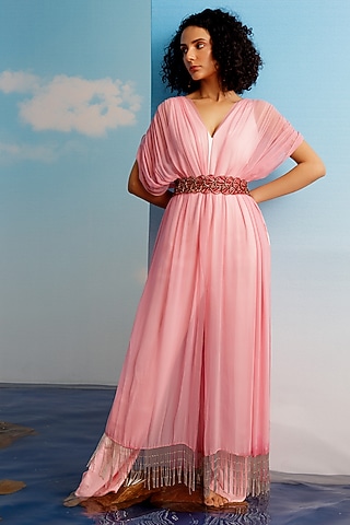 Blush Pink Linen Satin Draped Jumpsuit by Harshita Jain