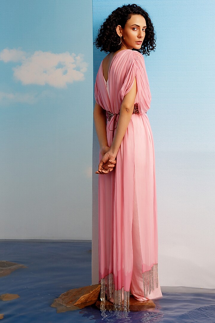 Blush Pink Linen Satin Draped Jumpsuit by Harshita Jain at Pernia's Pop Up Shop