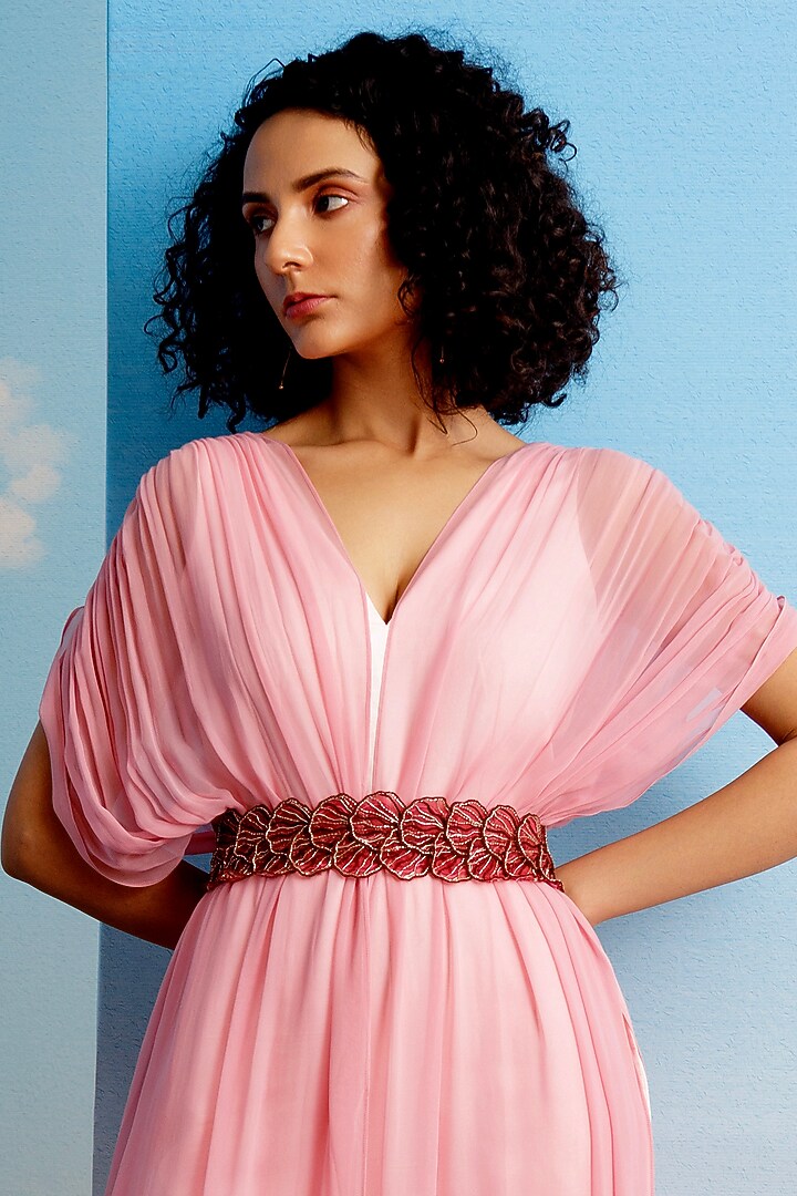 Blush Pink Linen Satin Draped Jumpsuit by Harshita Jain at Pernia's Pop Up Shop