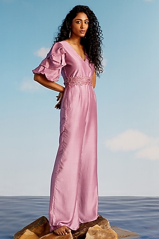 Lavender Muslin Silk Jumpsuit With Belt by Harshita Jain