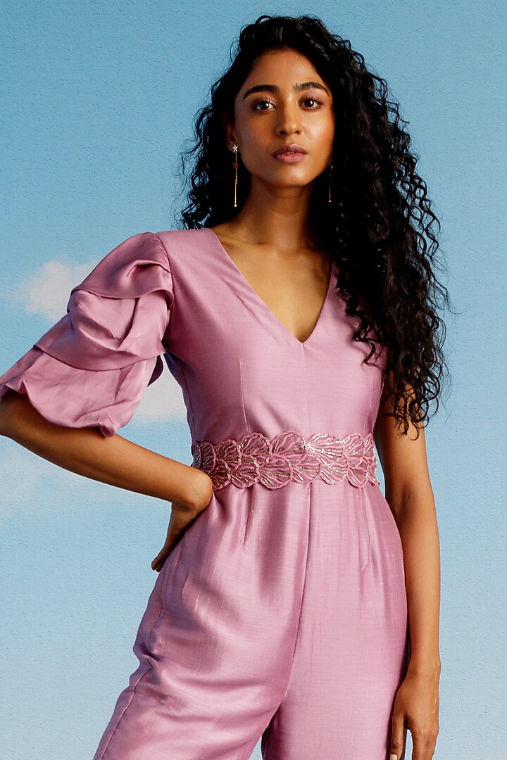 Lavender Muslin Silk Jumpsuit With Belt by Harshita Jain at Pernia's Pop Up Shop