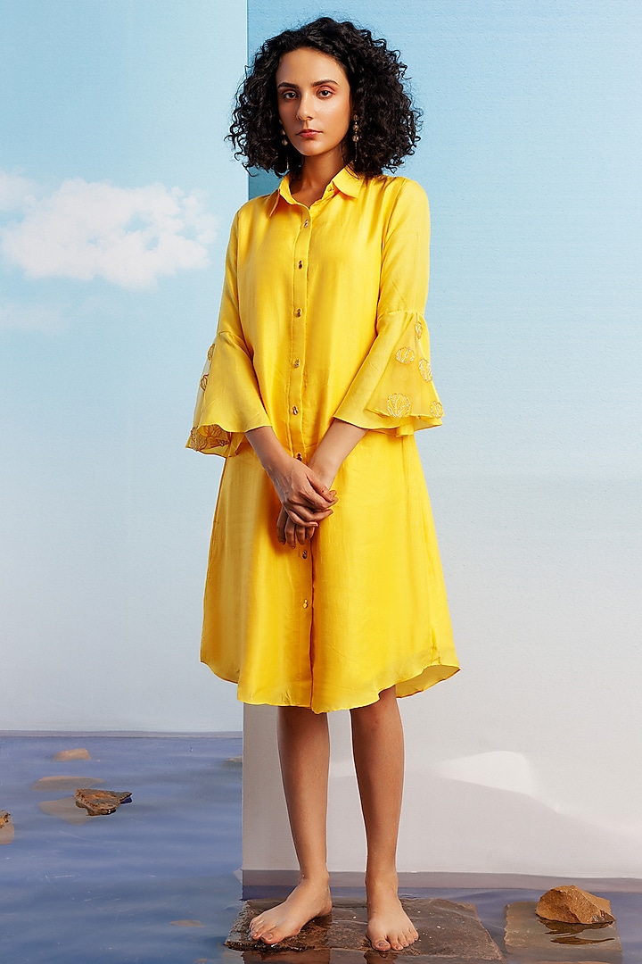Sunshine Yellow Cotton Silk Summer Shirt Dress by Harshita Jain at Pernia's Pop Up Shop