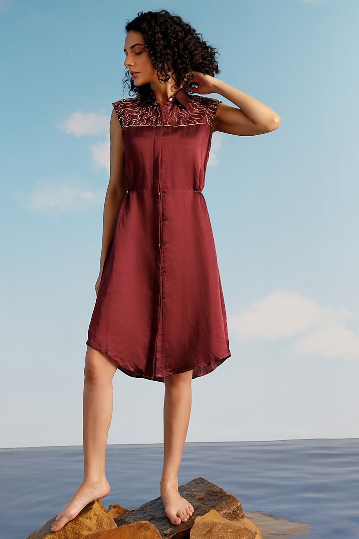 Burgundy Pure Linen Satin Hand Embroidered Shirt Dress by Harshita Jain at Pernia's Pop Up Shop