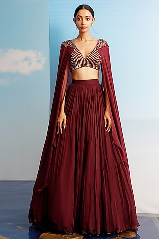 Burgundy Wine Pleated Georgette Lehenga Set by Harshita Jain
