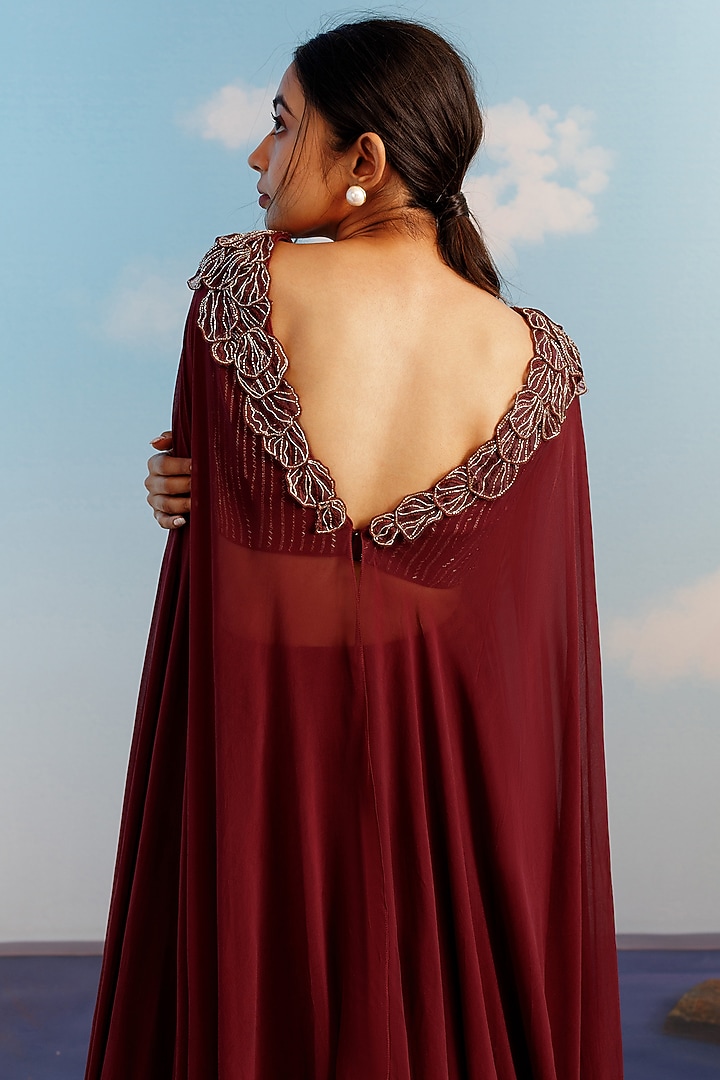 Burgundy Wine Pleated Georgette Lehenga Set by Harshita Jain at Pernia's Pop Up Shop