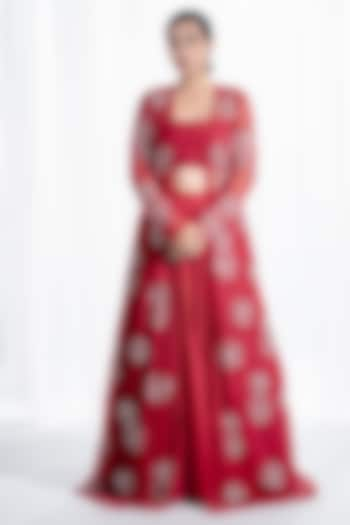 Merlot Red Chiffon Gathered Jacket Wedding Lehenga Set by Harshita Jain at Pernia's Pop Up Shop