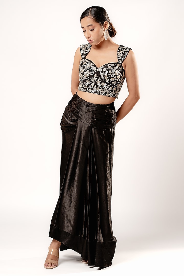 Black Gajji Silk Draped Skirt Set by Harshita Jain at Pernia's Pop Up Shop