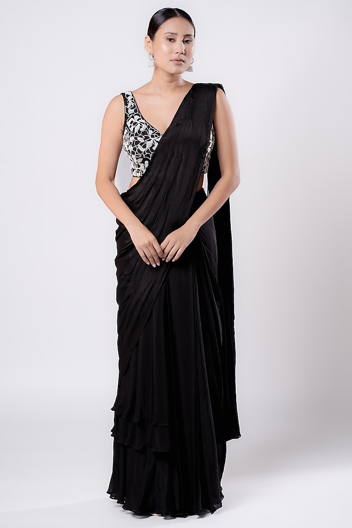 Black Chiffon Pre-Draped Saree Set by Harshita Jain at Pernia's Pop Up Shop