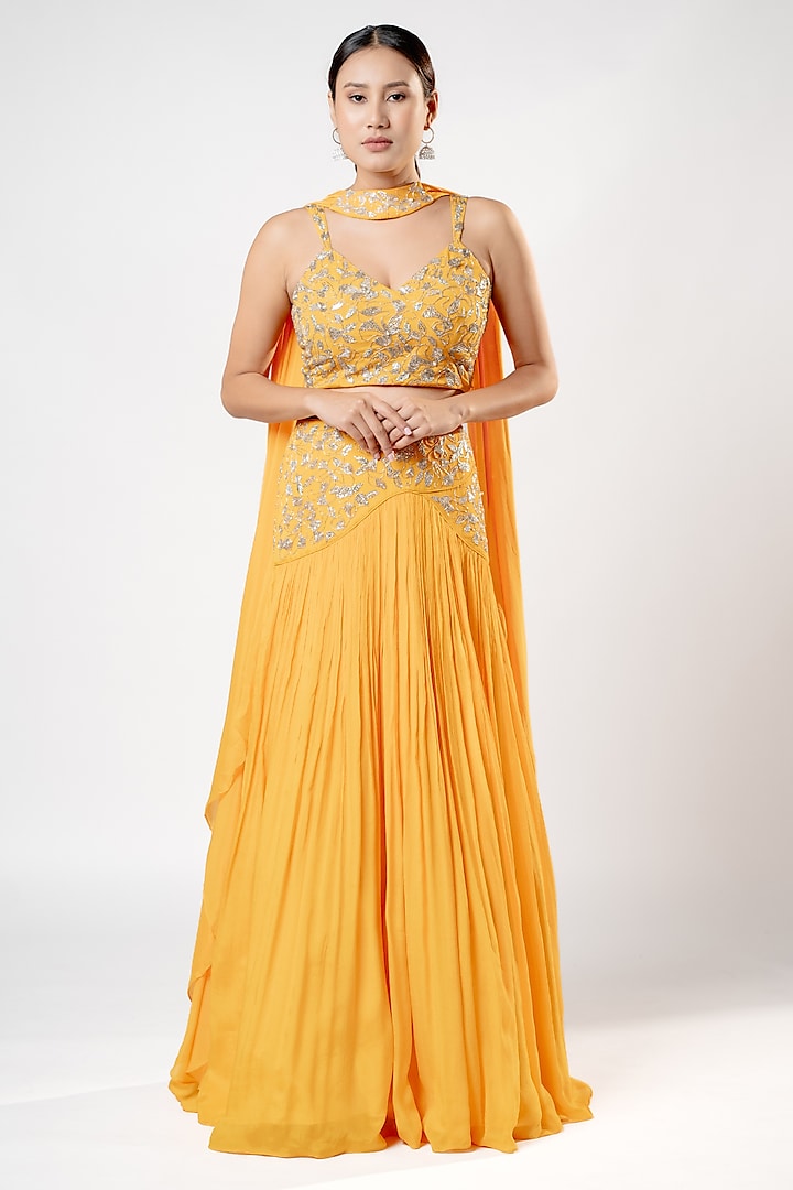 Mustard Chiffon Hand Embroidered Wedding Lehenga Set by Harshita Jain at Pernia's Pop Up Shop