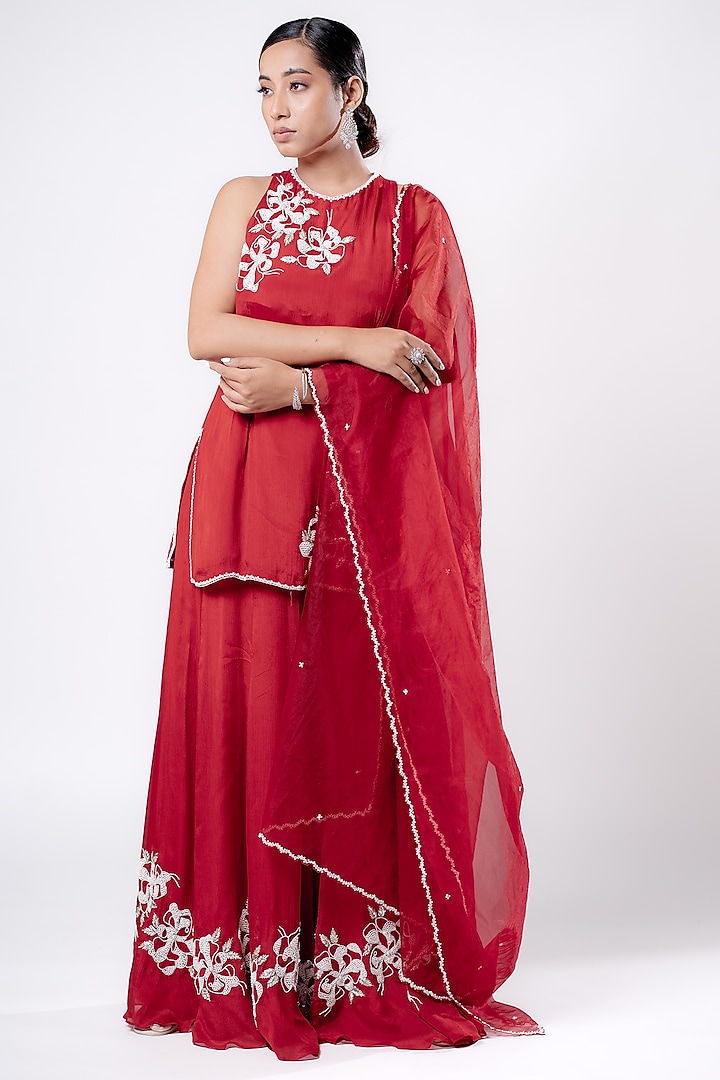 Merlot Red Satin Chiffon Hand Embroidered Sharara Set by Harshita Jain at Pernia's Pop Up Shop