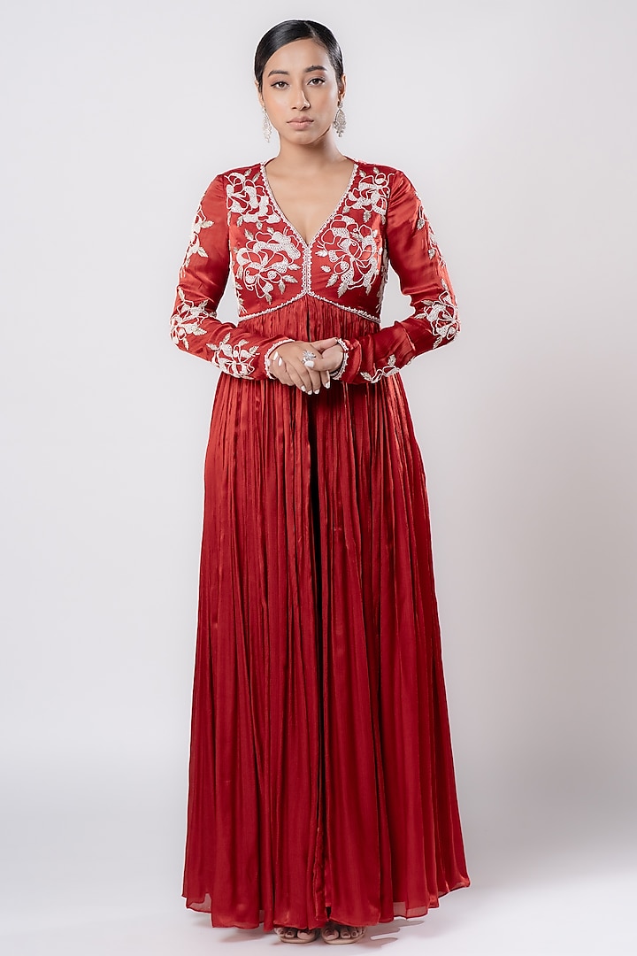 Merlot Red Satin Chiffon Hand Embroidered Anarkali Set by Harshita Jain at Pernia's Pop Up Shop